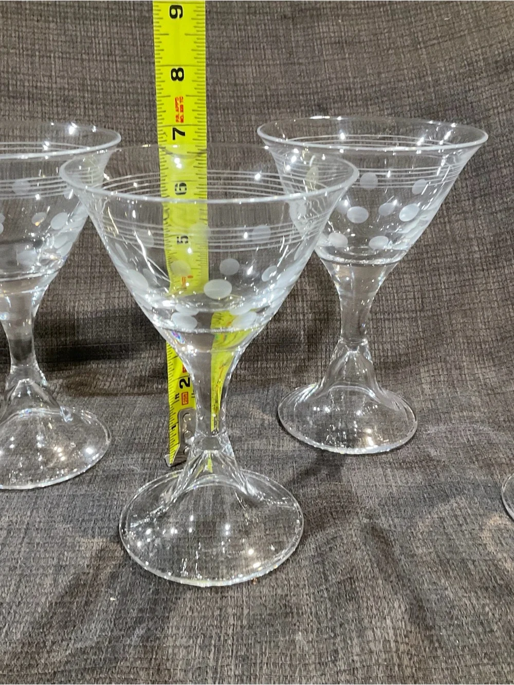 Set of 4 Clear Martini Glasses with Etched Lines & Polka Dots | Modern Cocktail